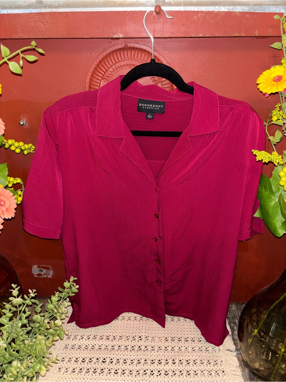 Donnenkenny Short Sleeve Button-Down Shirt in Berry Red